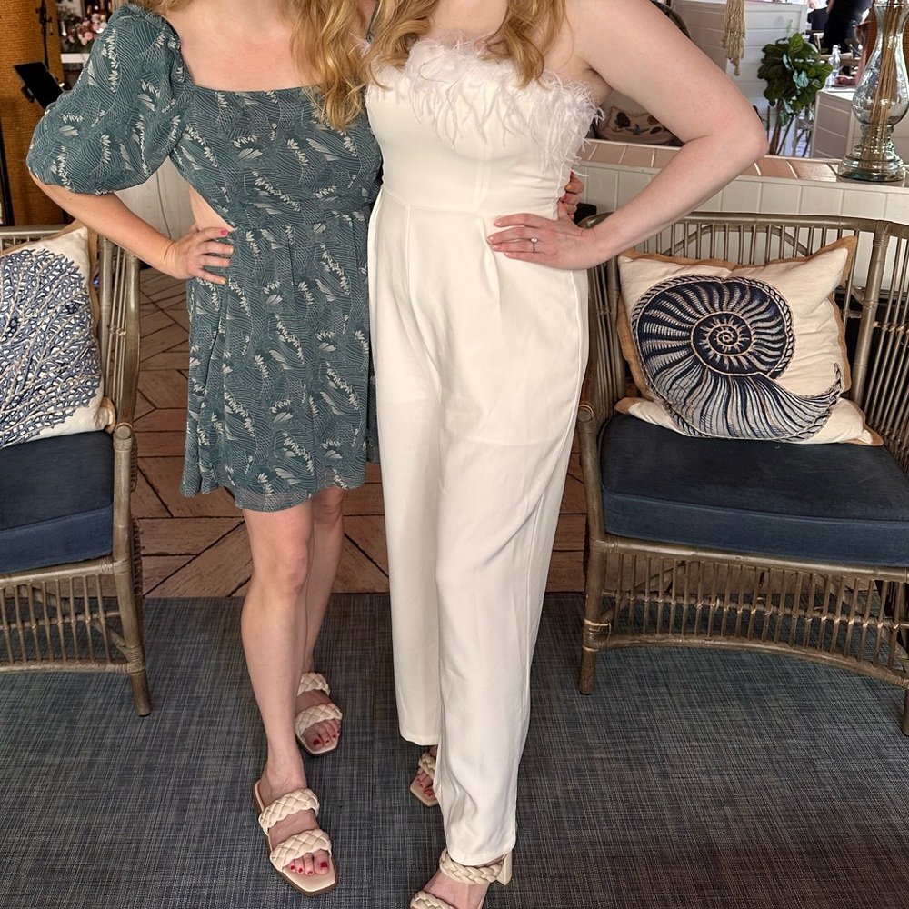 Altar'd State White Jumpsuit with Feather Detail